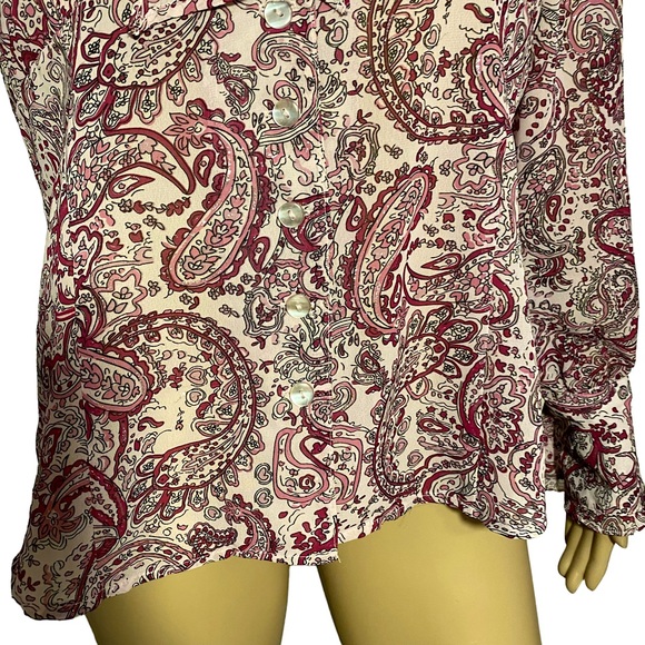 VINTAGE DANA GIBSON SHIMMERY PAISLEY FLORAL RUFFLE SLEEVE PUSSY BOW BLOUSE  SZ M - Picture 8 of 16
